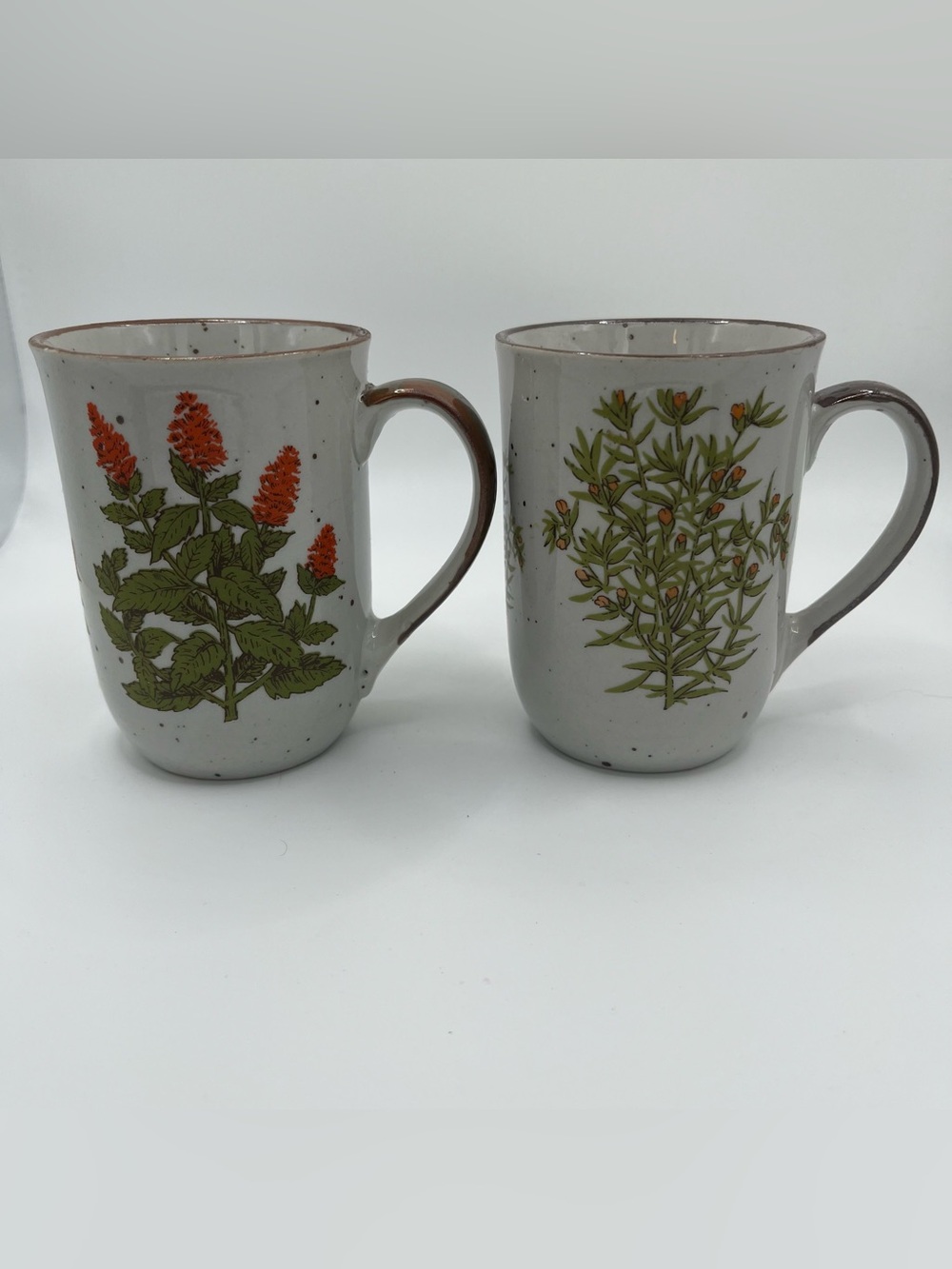 Vintage Takahashi Botanical Floral Herb Speckled Stoneware Mugs - Set of 2